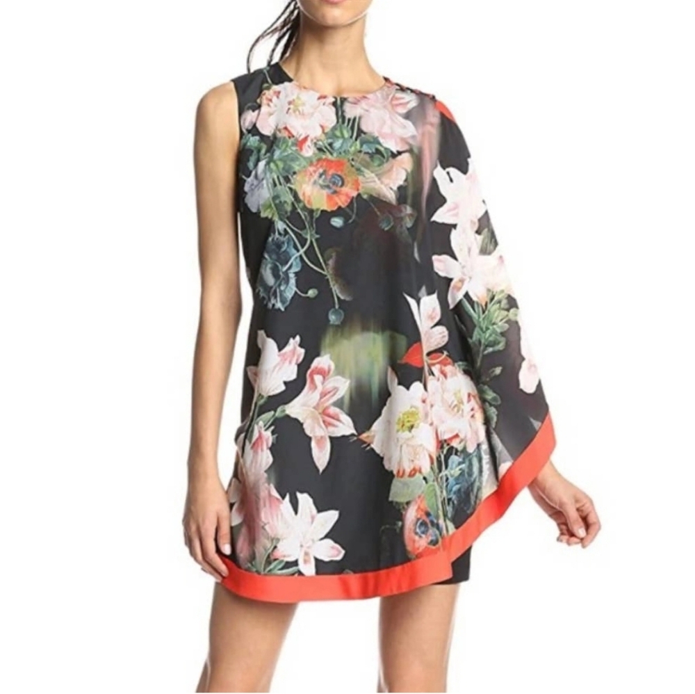 Ted Baker Black floral Candis Opulent Bloom Collared Print Dress, size 5.
